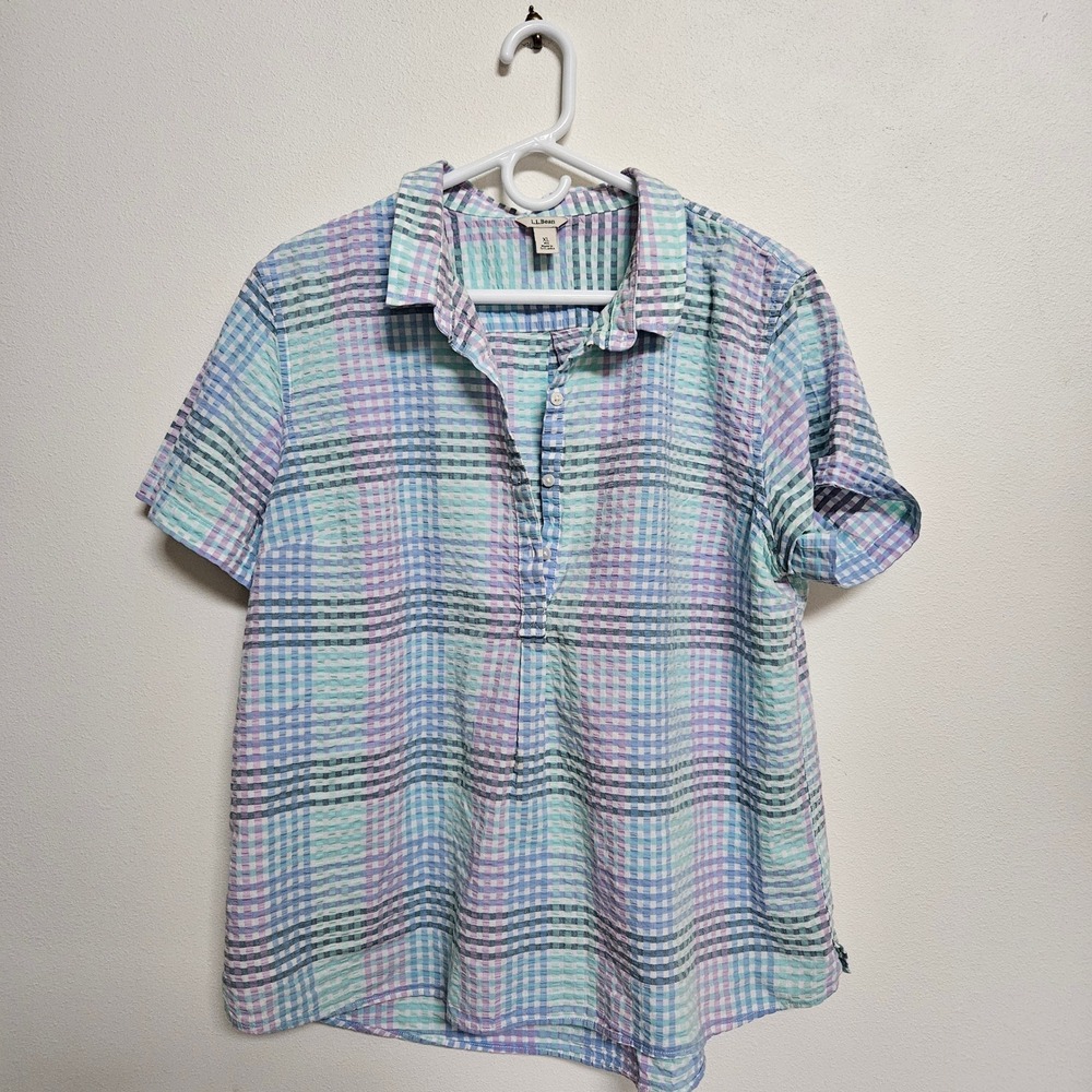 LL Bean Womens XL Seersucker Plaid Short Sleeve Button Top Pastel Blue